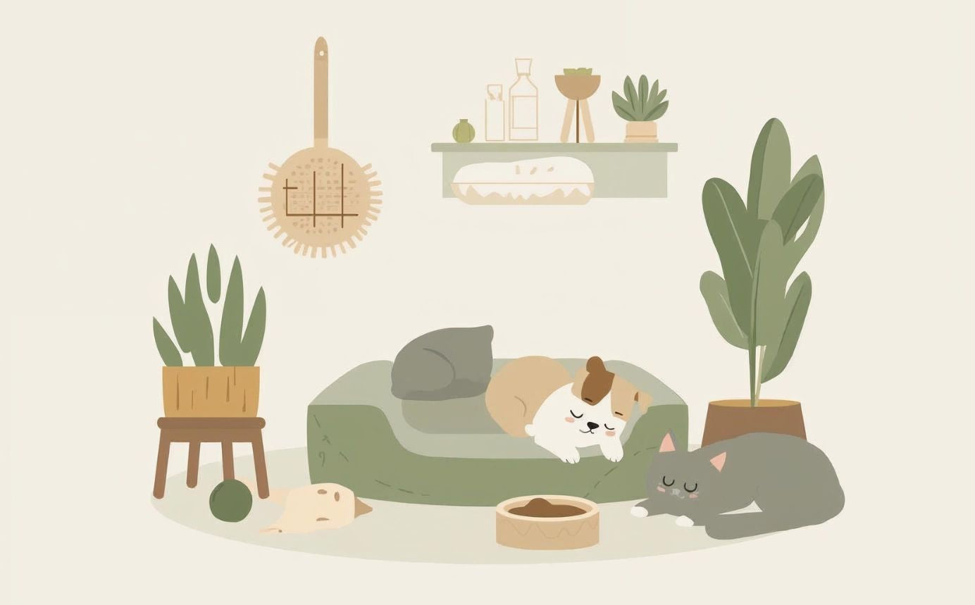Illustration of a cozy living room with a dog and cat on a green couch, surrounded by plants and decor.